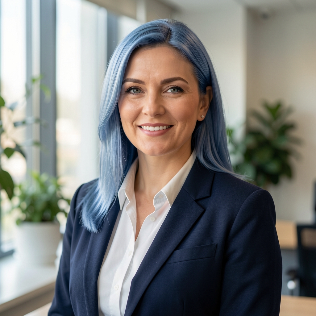Ivana Blažević, analitičarka osobnih financija, žena s plavom kosom u urednom poslovnom stilu