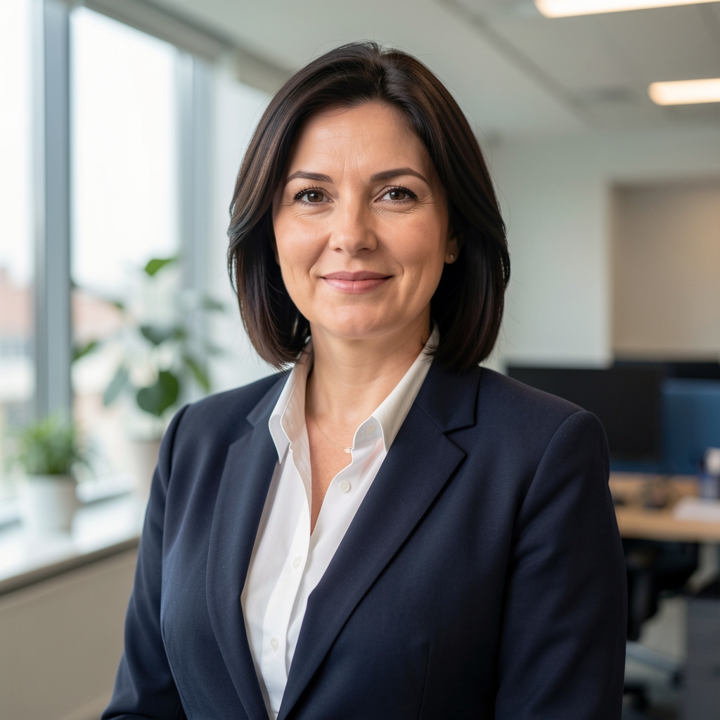 Petra Nikolić, analitičarka nekretnina i korporativnih financija, žena u četrdesetim u profesionalnom poslovnom odijelu, uredska fotografija