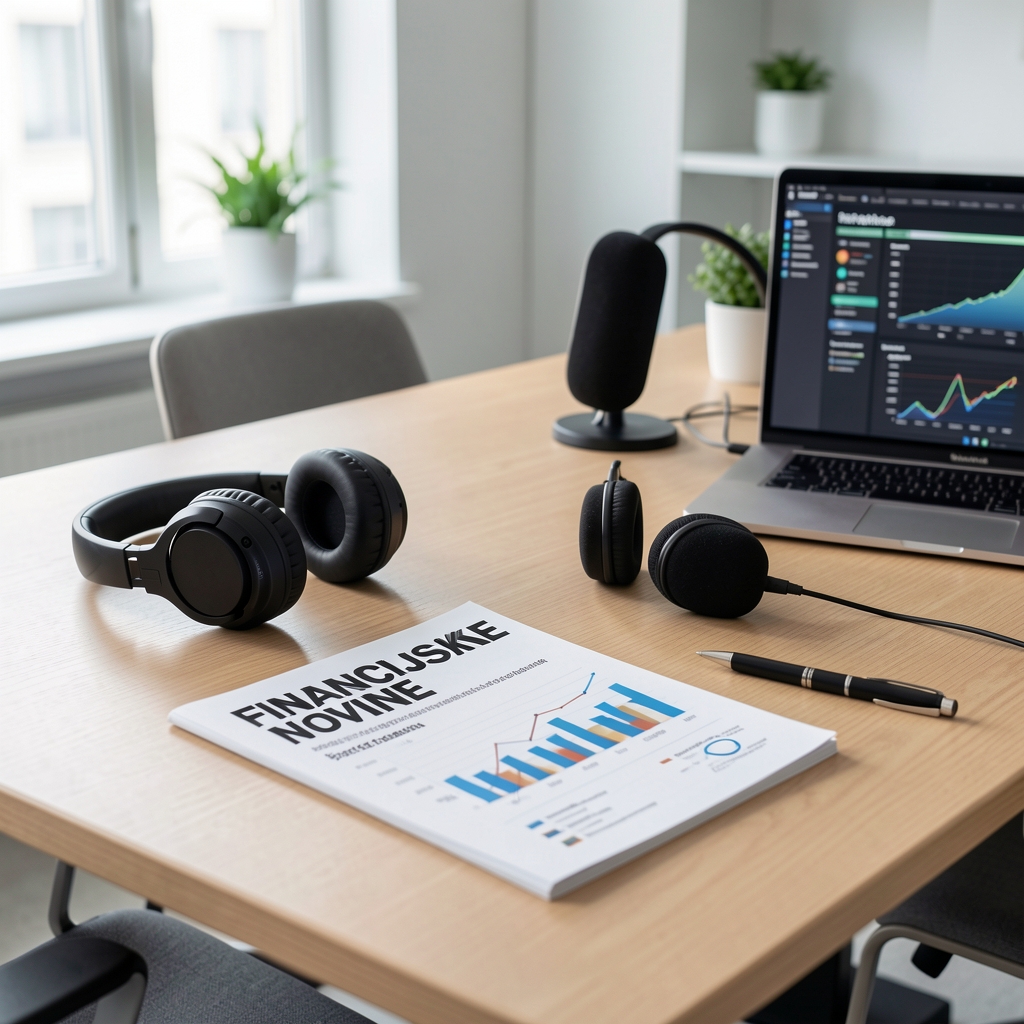 Financijske novine s naslovima o tržištu kapitala, slušalice za podcast i grafikoni investicijskog portfelja raspoređeni na stolu