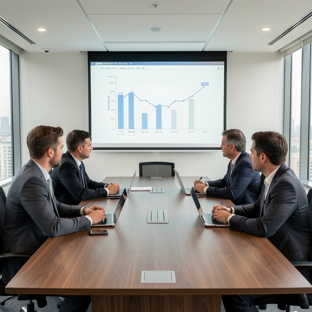 Stručni sastanak tima investicijskih analitičara koji pregledavaju portfelj na projiciranom zaslonu u modernoj konferencijskoj dvorani