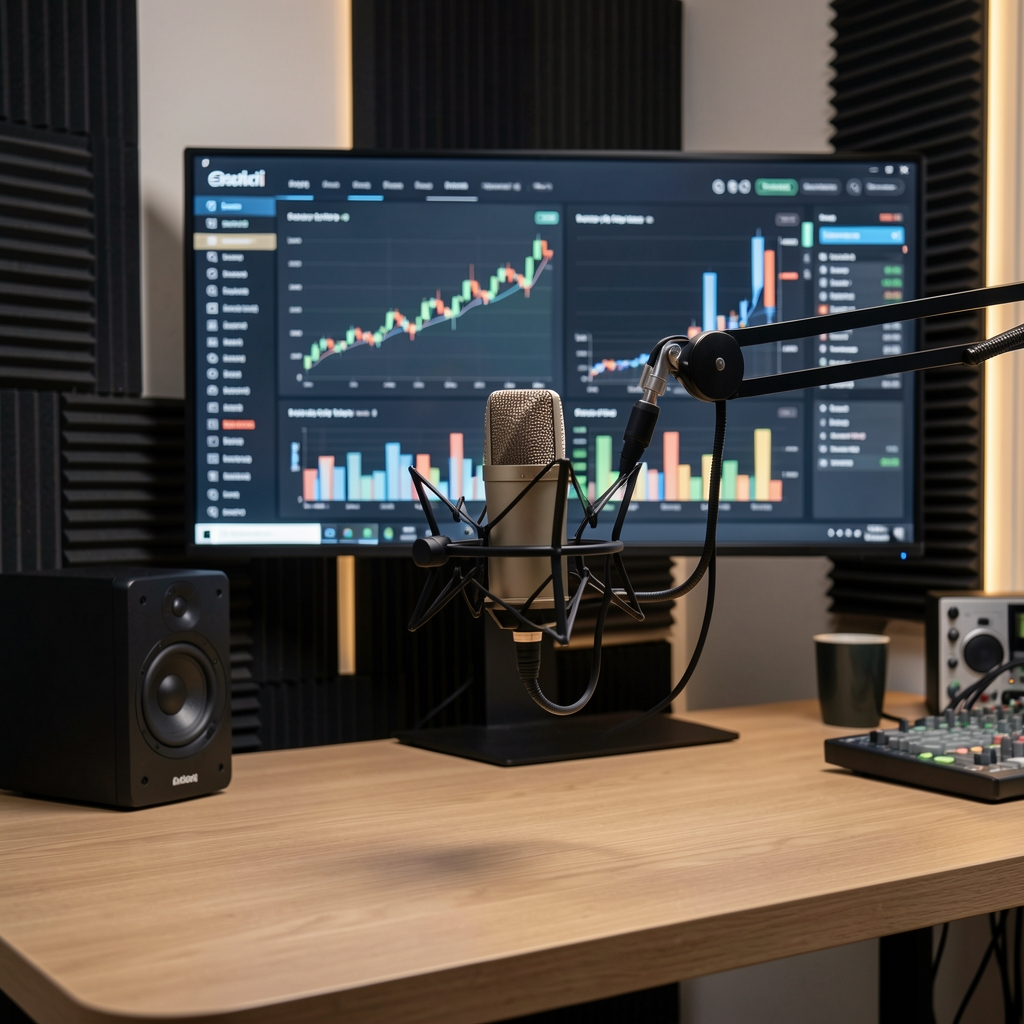Moderni podcast studio s profesionalnim mikrofonom, zvučnim izolacijskim pločama i financijskim grafikonima na zaslonu u pozadini
