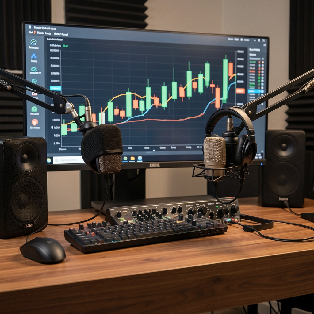 Profesionalni financijski analitičar snima podcast u modernom studiju s mikrofonom i laptopom punim tržišnih podataka